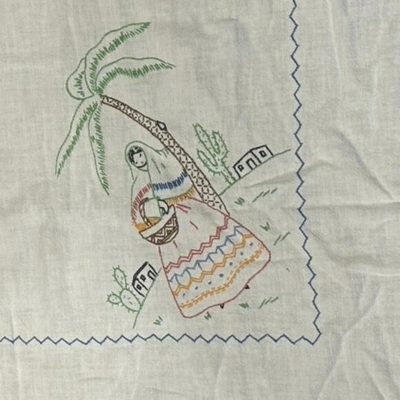 Vintage Handmade Embroidered Tablecloth Mexican Motif 40x46 Boho Folk Art - Picture 4 of 9